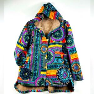 Colorful multi-coloured boho jacket with hood